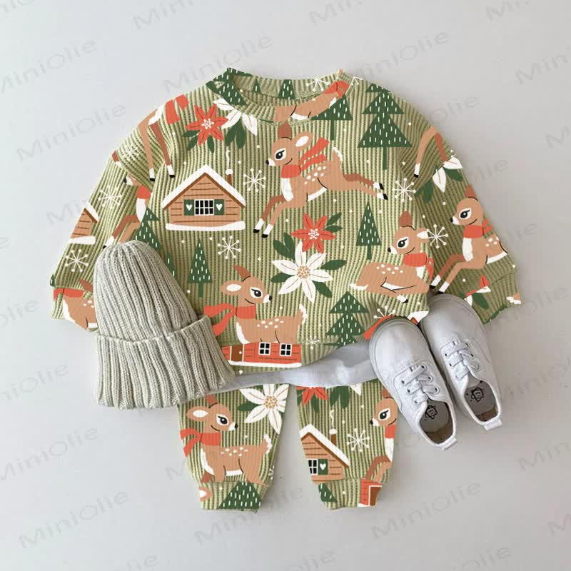Baby Forest Deer Print Green Waffle 2-piece Set - Green - 2-3T - image 1