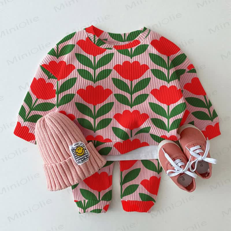 Baby Fan-Shaped Flower Print Pink Waffle 2-piece Set - Pink - 2-3T - image 1