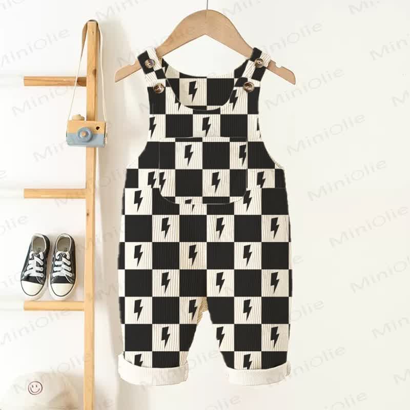 Baby Toddler Checkerboard Lightning Print Pocket Corduroy Overalls - Beige - 3-5T - image 1