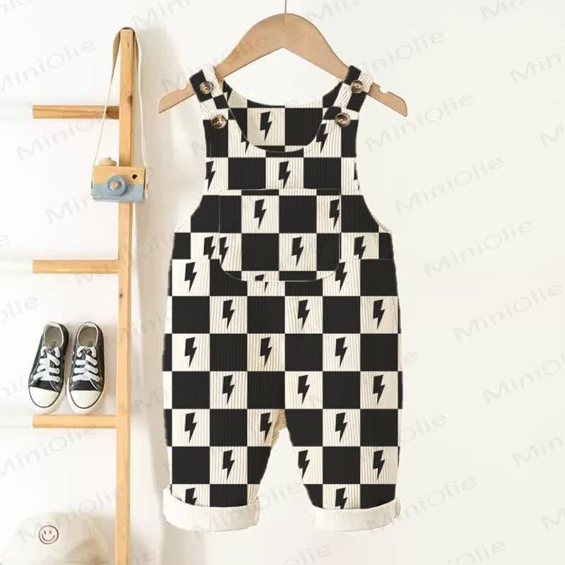 Baby Toddler Checkerboard Lightning Print Pocket Corduroy Overalls - Beige - 3-5T - image 1