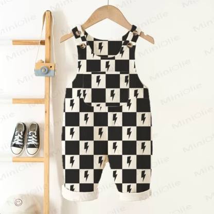 Baby Toddler Checkerboard Lightning Print Pocket Corduroy Overalls - Beige - 3-5T - image 1