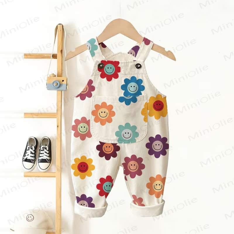 Baby Toddler Smiling Flower Print Pocket Overalls - Beige - 3-5T - image 1