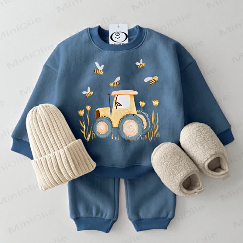 Baby Tractor and Bees Print Sweatshirt 2-piece Blue Set - Blue - 2-3T - image 1
