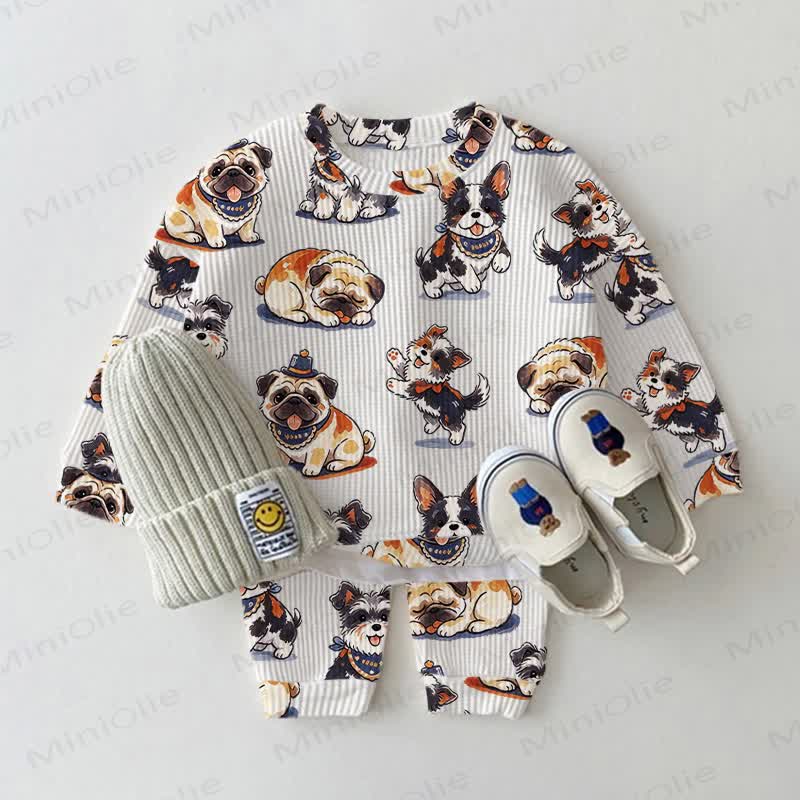 Baby Cute Puppy Print White Waffle 2-piece Set - White - 2-3T - image 1