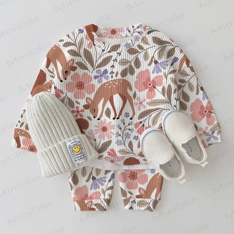 Baby Deer Flower White Waffle 2-piece Set - White - 2-3T - image 1