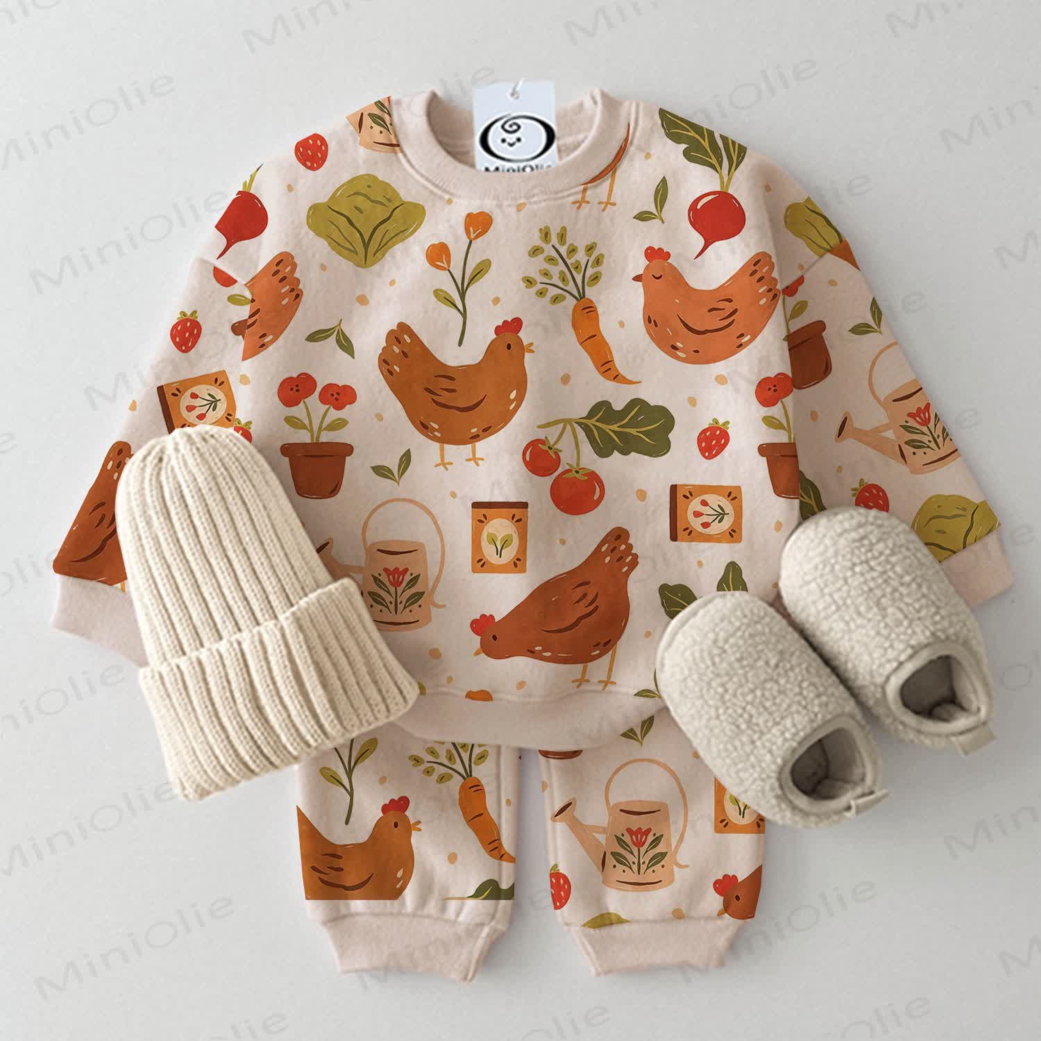 Baby Chicken Carrot Print 2-piece Set - Beige - 3-5T - image 1