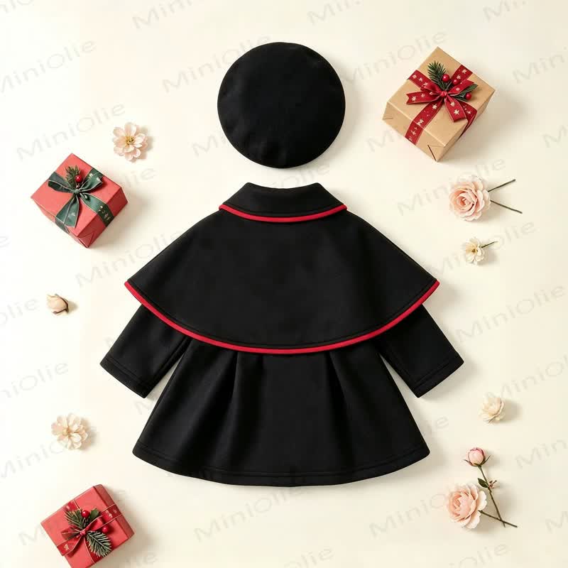 Baby Girl Christmas Black Cape Doll Collar Outerwear with Hat - image 2