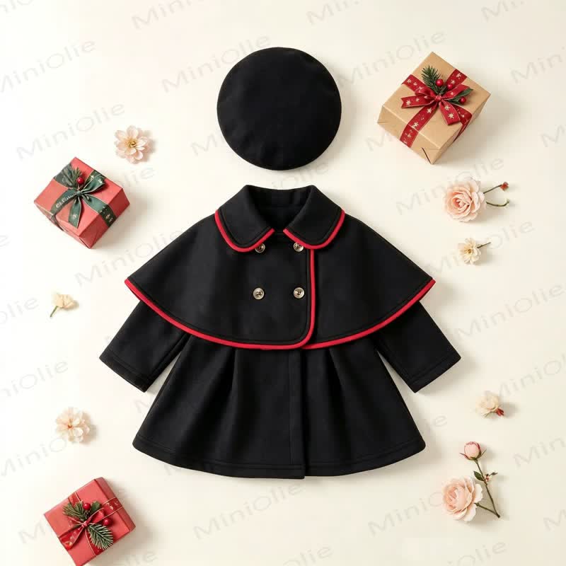 Baby Girl Christmas Black Cape Doll Collar Outerwear with Hat - Black - 3-4Y - image 1