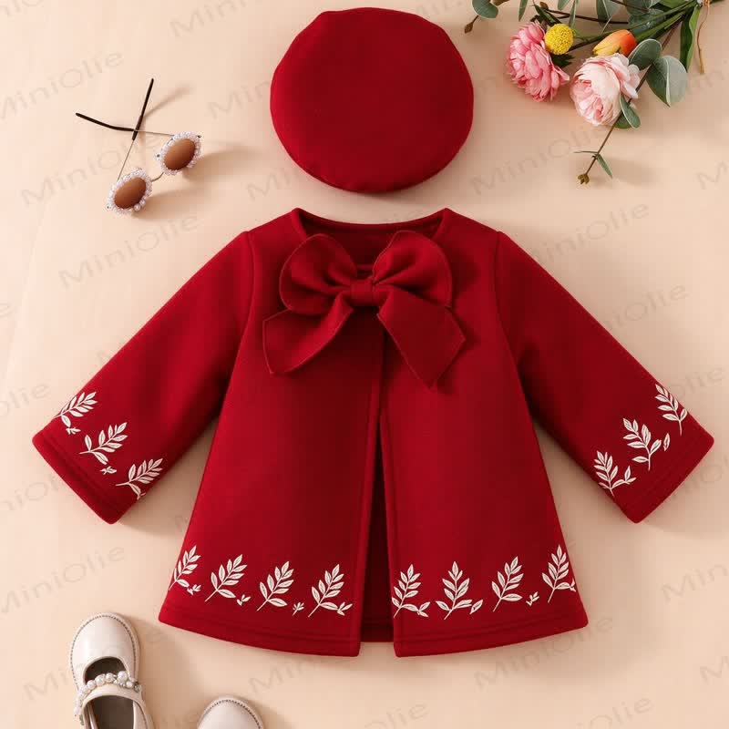 Baby Girl Red Bow Leaf Embroidered A Line Coat with Hat - Red - 3-4Y - image 1