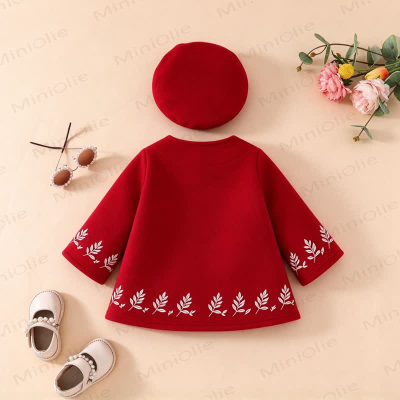 Baby Girl Red Bow Leaf Embroidered A Line Coat with Hat - image 2