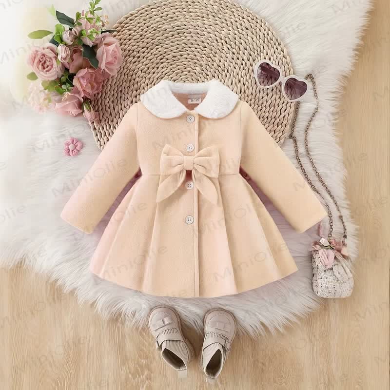 Toddler Girl Vintage Bow Fur Collar Coat - Beige - 4-5T - image 2