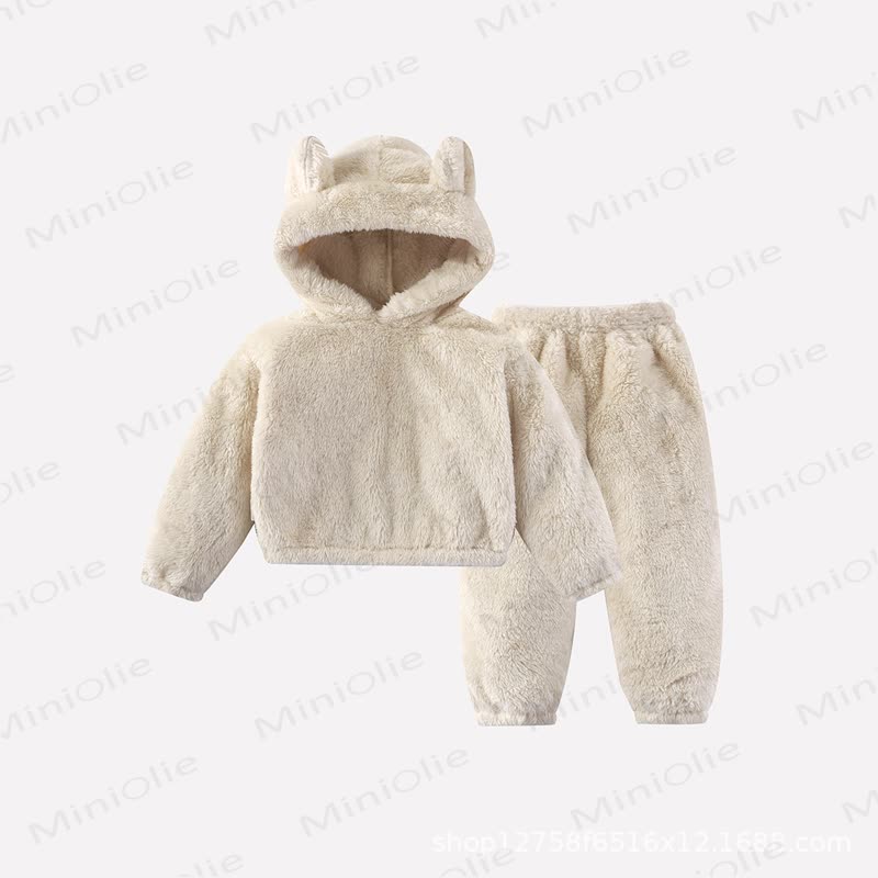 Toddler Warm Plush Hoodie Pants Pyjama Set - Beige - 6-7T - image 2