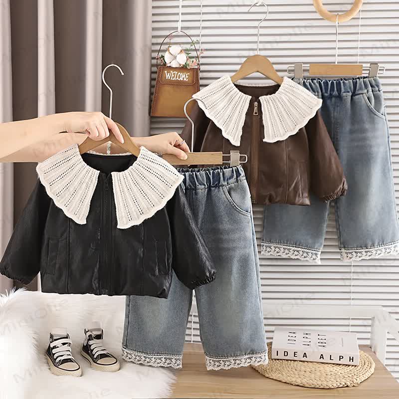 Toddler Girl Fleece Faux Leather Jacket and Denim Pants Set - image 1