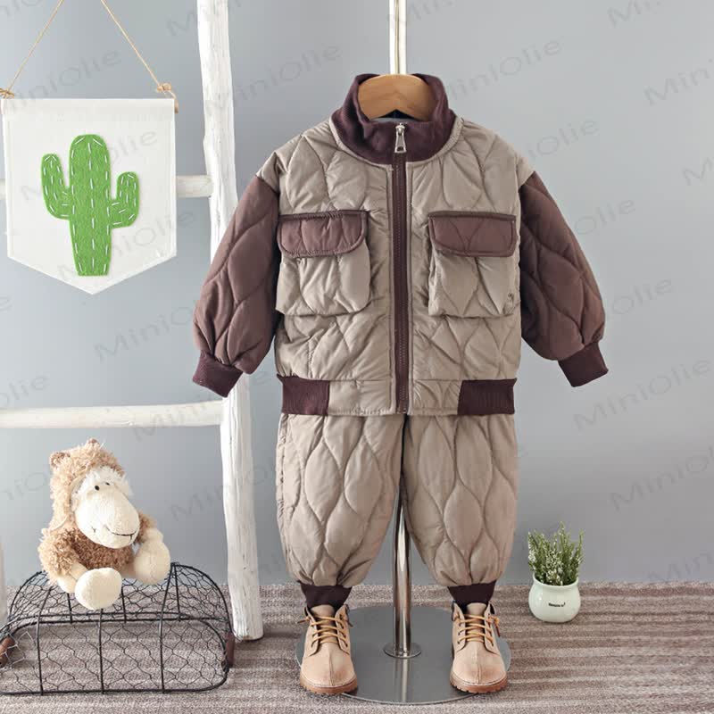 Toddler Colorblock Quilted Jacket and Pants 2-piece Set - Beige - 4-5T - image 1