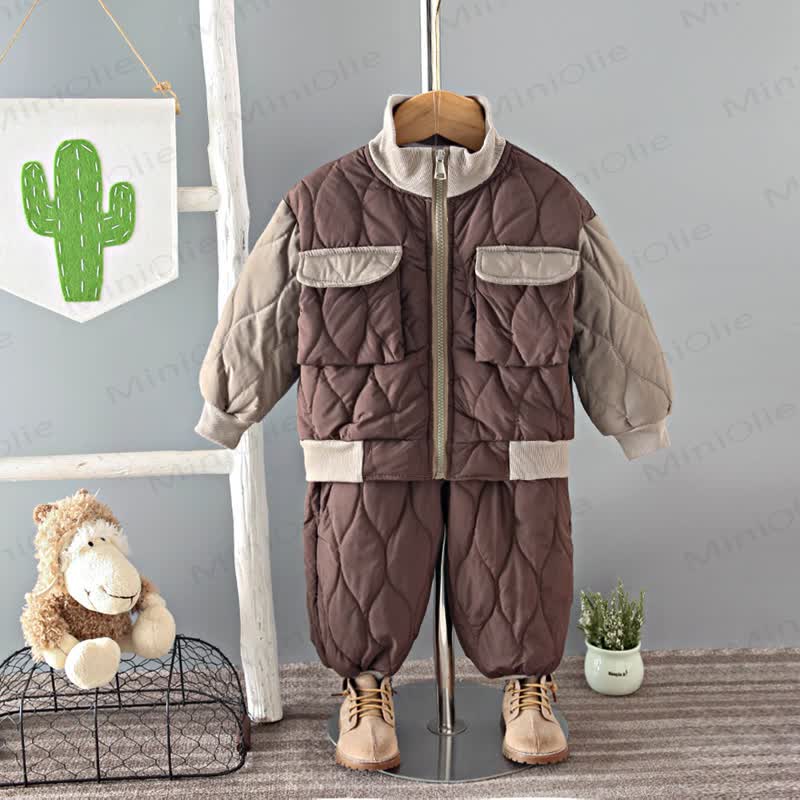 Toddler Colorblock Quilted Jacket and Pants 2-piece Set - Brown - 4-5T - image 2