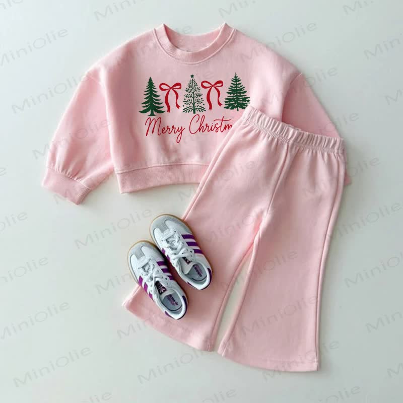 MERRY CHRISTMAS Baby Christmas Tree Bow Pink Sweatshirt and Flare Pants 2-piece Set - Pink - 3-4T - image 1