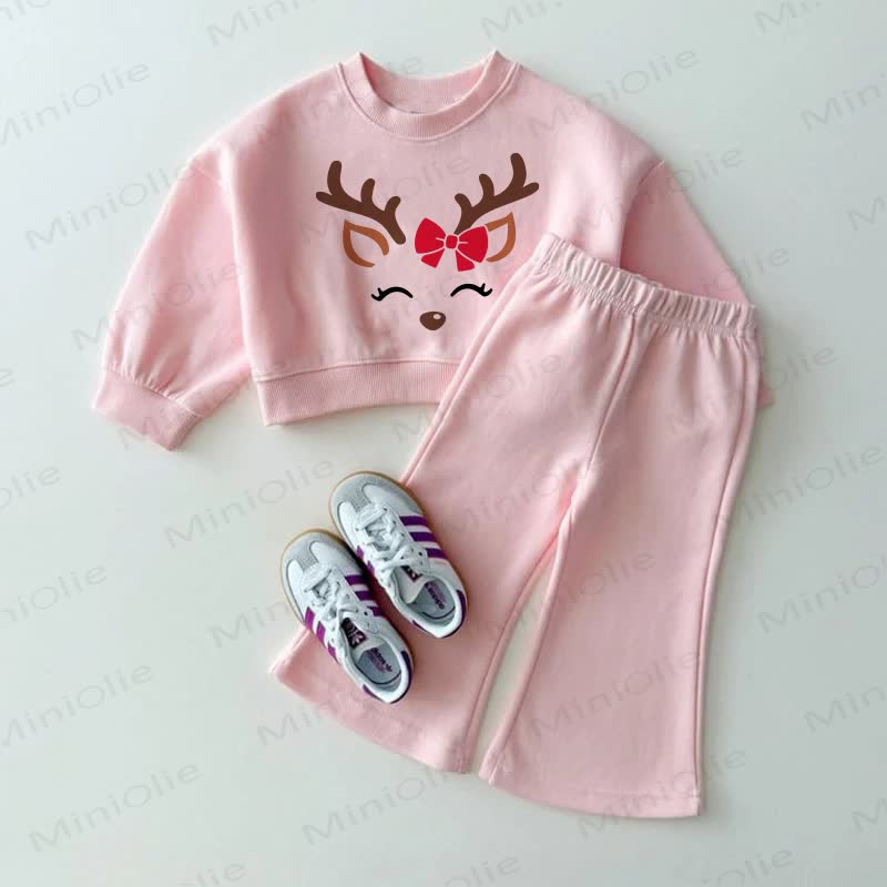 Baby Deer Smile Bow Pink Sweatshirt and Flare Pants 2-piece Set - Pink - 3-4T - image 1