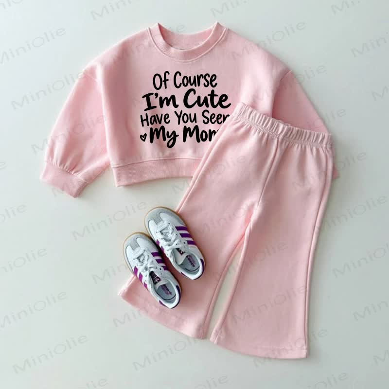 OF COURSE I'M CUTE HAVE YOU SEEN MY MOM Baby Pink Sweatshirt and Flare Pants 2-piece Set - Pink - 3-4T - image 1