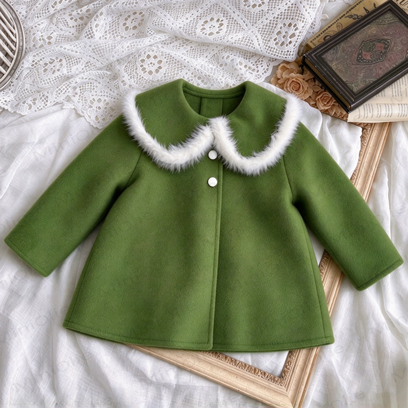Toddler Girl Green Faux Fur Collar Wool Coat - Green - 4-5T - image 1