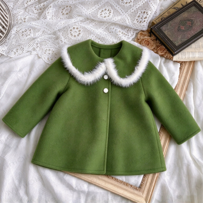 Toddler Girl Green Faux Fur Collar Wool Coat - Green - 4-5T - image 1