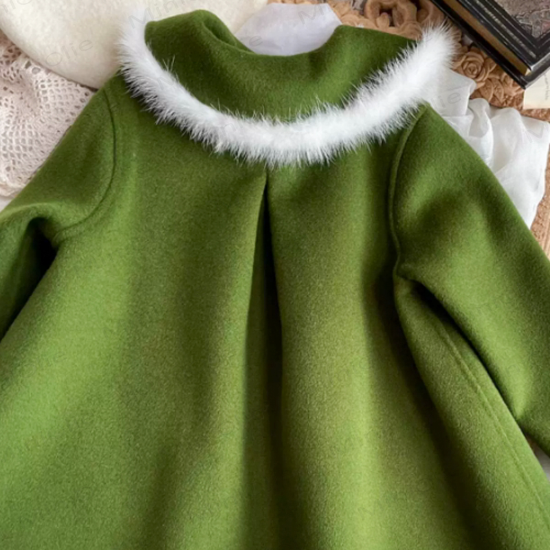 Toddler Girl Green Faux Fur Collar Wool Coat - image 3