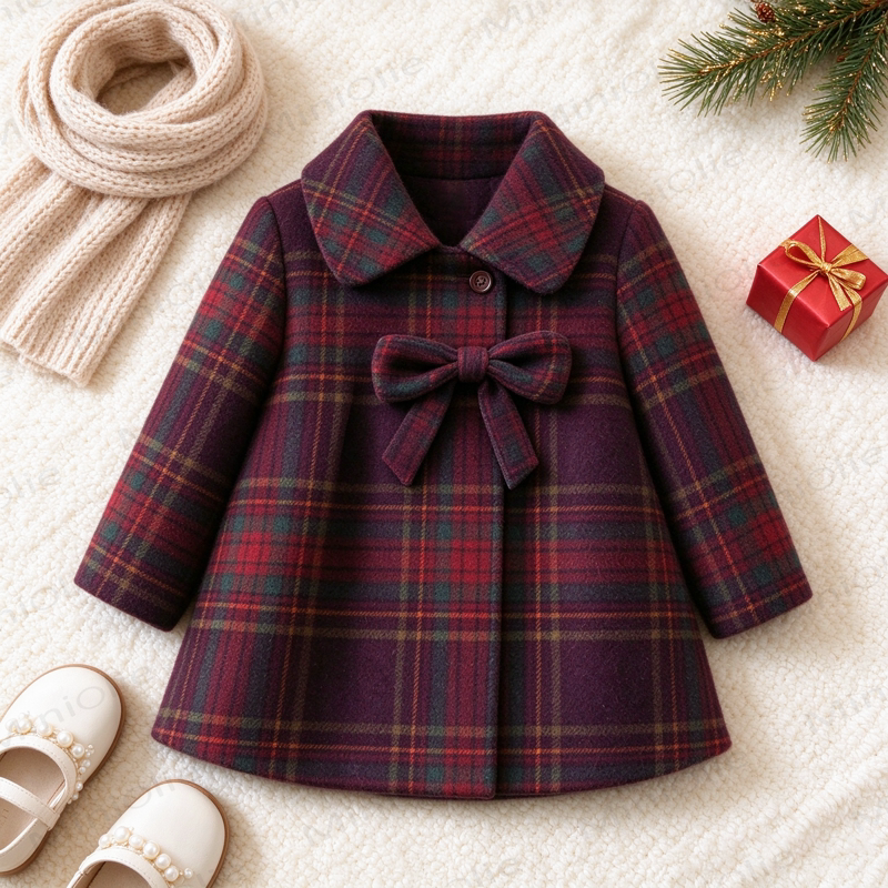 Toddler Girl Bow Burgundy Plaid Coat - Burgundy - 4-5T - image 1