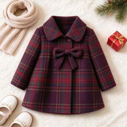 Toddler Girl Bow Burgundy Plaid Coat - Burgundy - 4-5T - image 1