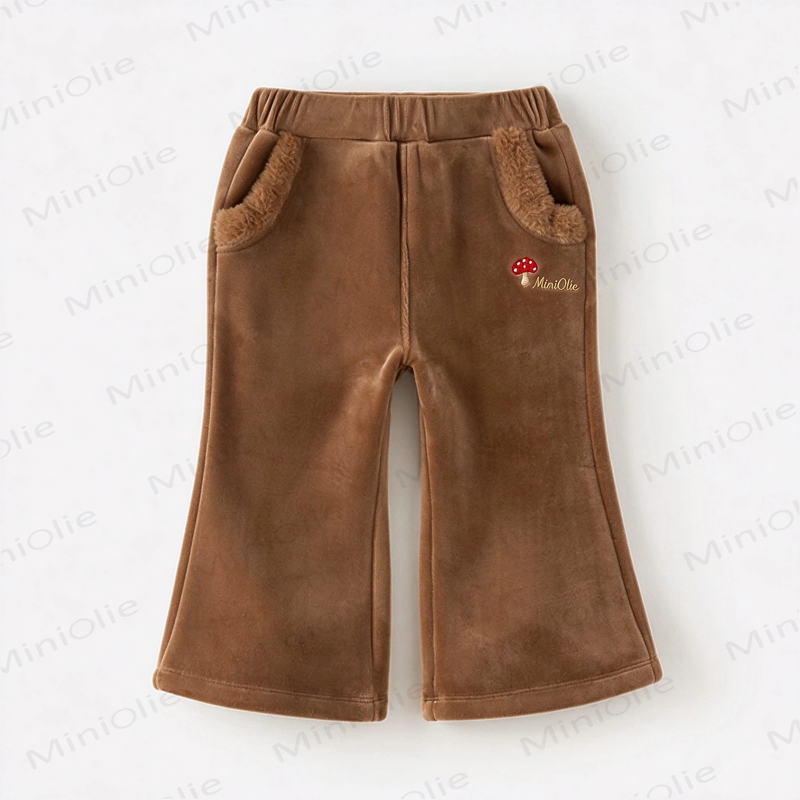 MINIOLIE Toddler Brown Mushroom Embroidered Thick Plush Pants - Brown - 4-5T - image 1