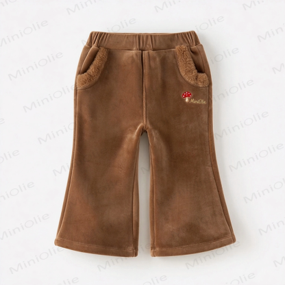 MINIOLIE Toddler Brown Mushroom Embroidered Thick Plush Pants - Brown - 4-5T - image 1