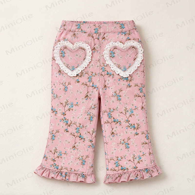 Toddler Pink Floral Lace-Trimmed Heart Pockets Pants - Pink - 4-5T - image 1