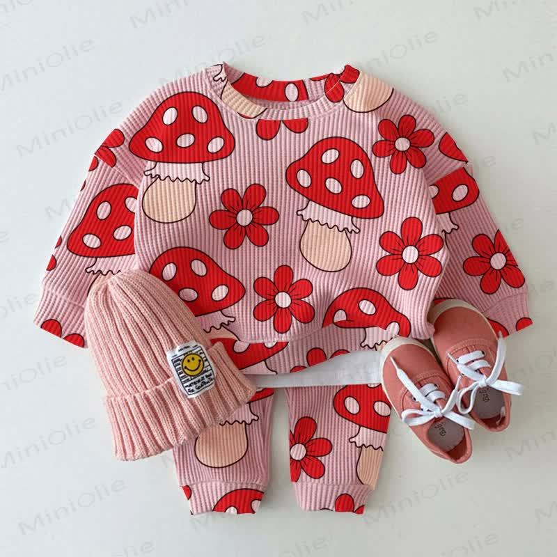 Baby Pink Flower Mushroom Print Waffle 2-piece Set - Pink - 2-3T - image 1