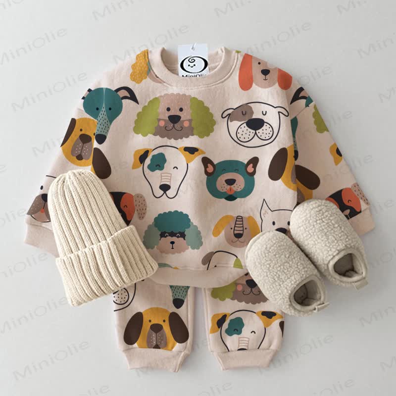 Baby Beige Puppy Head Print 2-piece Set - Beige - 3-5T - image 1