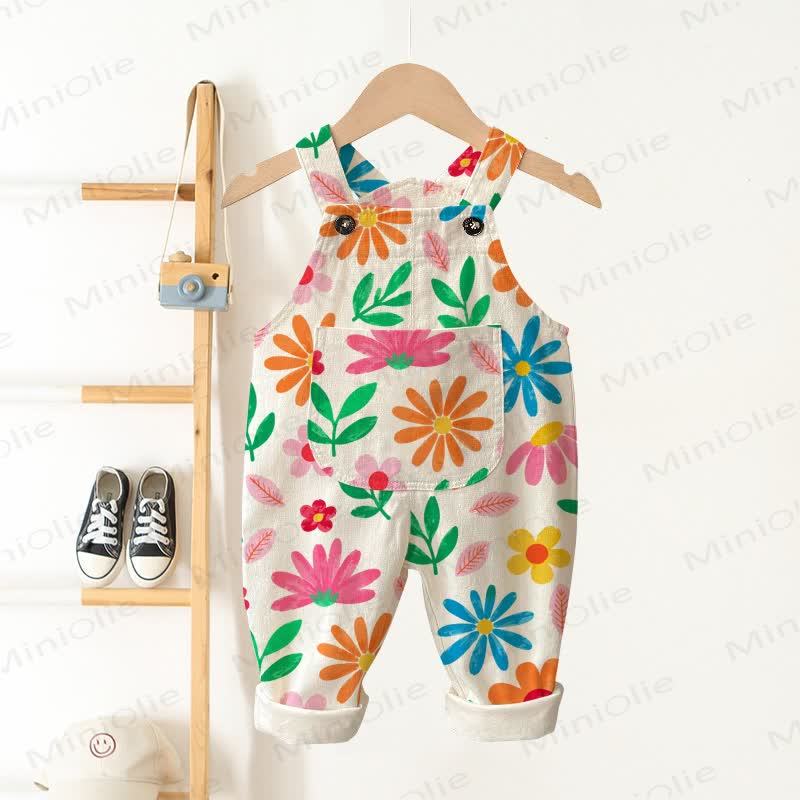 Baby Toddler Colorful Floral Print Pocket Overalls - Beige - 3-5T - image 1