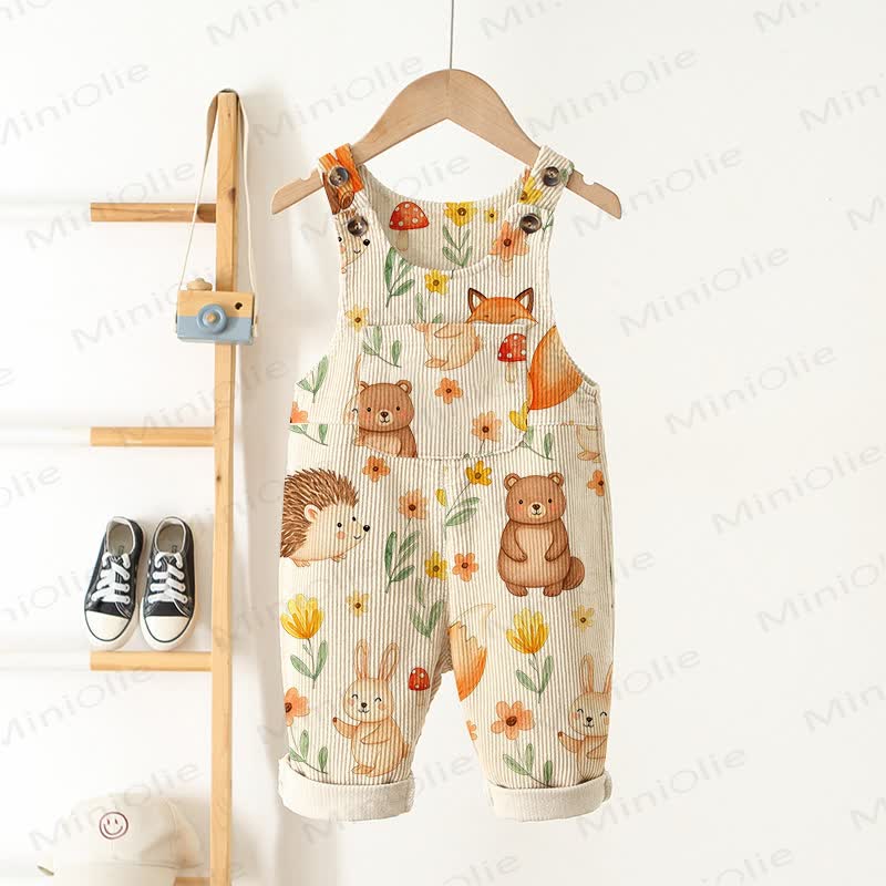 Baby Toddler Cute Flower Bear Hedgehog Full Print Beige Corduroy Overalls - Beige - 3-5T - image 1