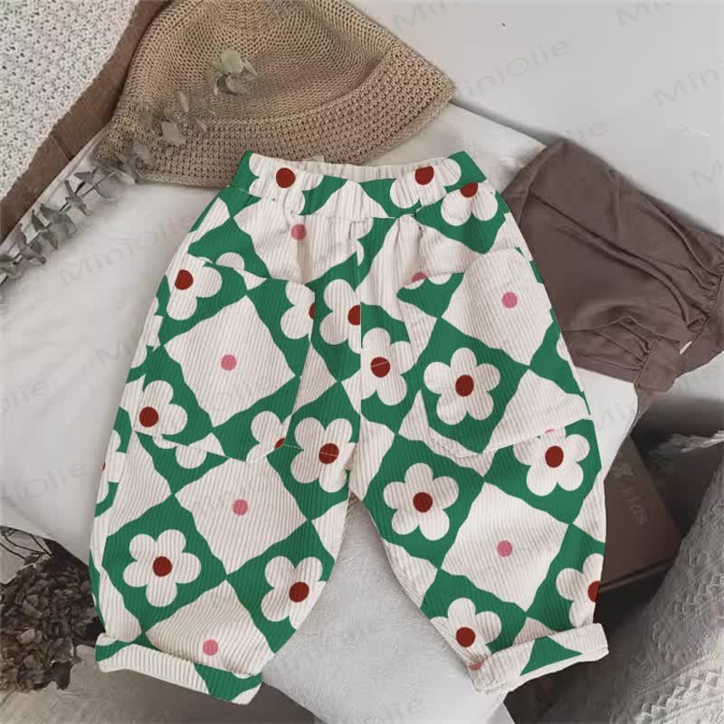 Baby Toddler Green Checkerboard Flower Corduroy Pants - Green - 3-5T - image 1