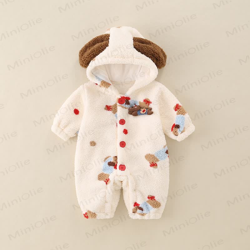 Baby Daschund Print Red Button Beige Animal Ear Hooded Fleece Quilted Winter Romper - Beige - 18-24M - image 1