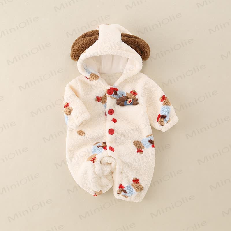 Baby Daschund Print Red Button Beige Animal Ear Hooded Fleece Quilted Winter Romper - image 2