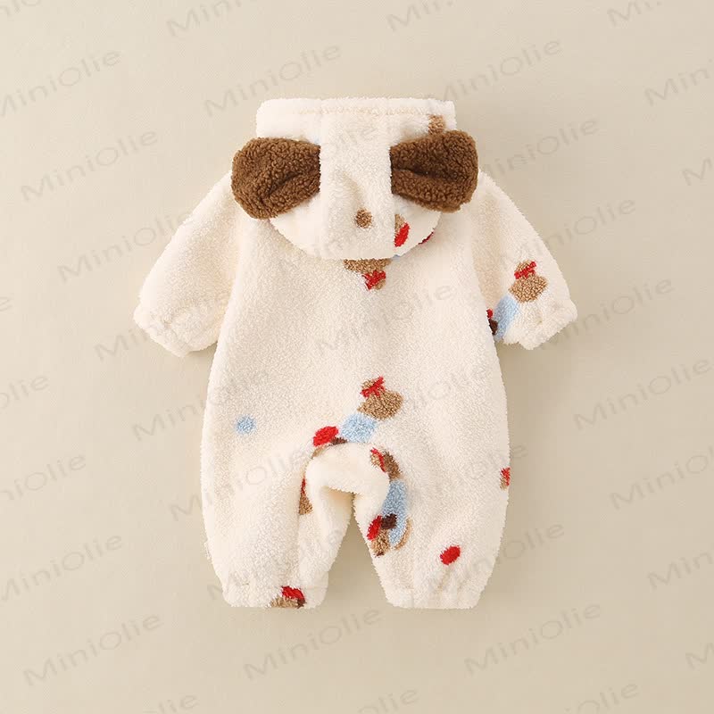 Baby Daschund Print Red Button Beige Animal Ear Hooded Fleece Quilted Winter Romper - image 4