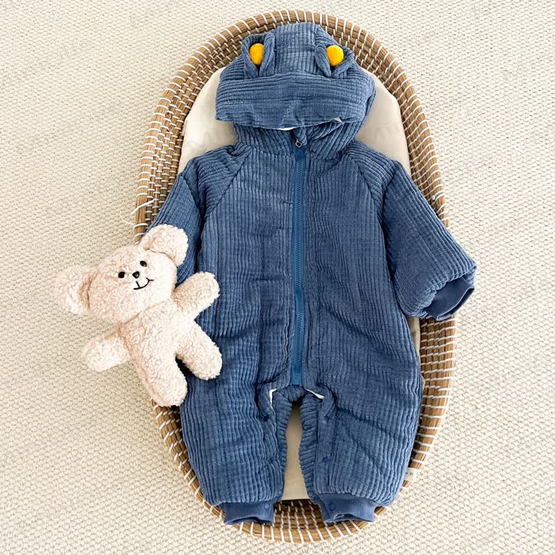 Baby Bear Ear Fleece Quilted Ribbed Hooded Corduroy Romper - Navy - 2-3T - image 1