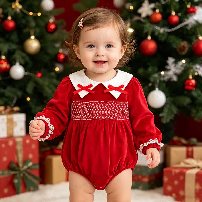 Baby Girl Bow White Lace Collar Gridding Red Bodysuit - image 1