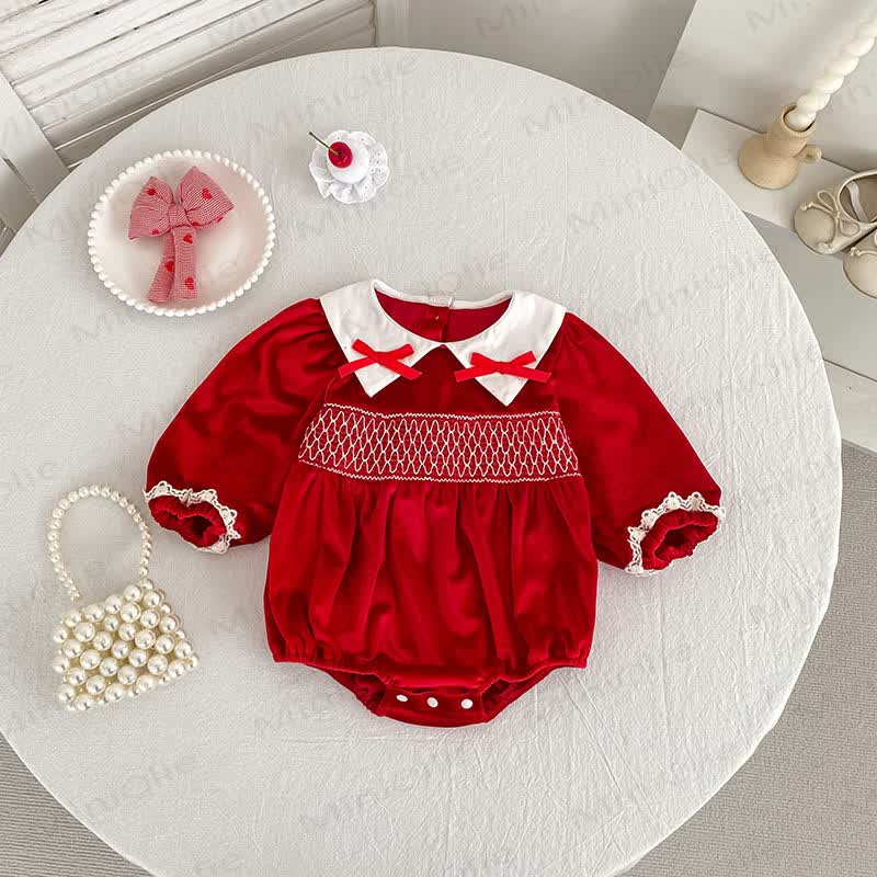 Baby Girl Bow White Lace Collar Gridding Red Bodysuit - image 2