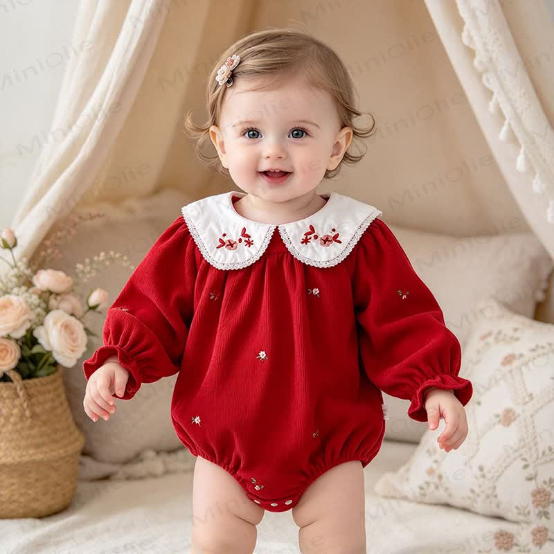 Baby Girl Floral White Collar Neckline Red Bodysuit - image 1