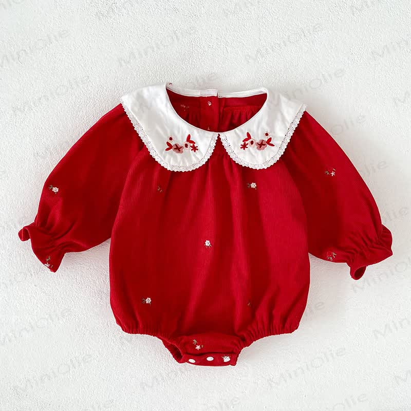 Baby Girl Floral White Collar Neckline Red Bodysuit - Red - 18-24M - image 2