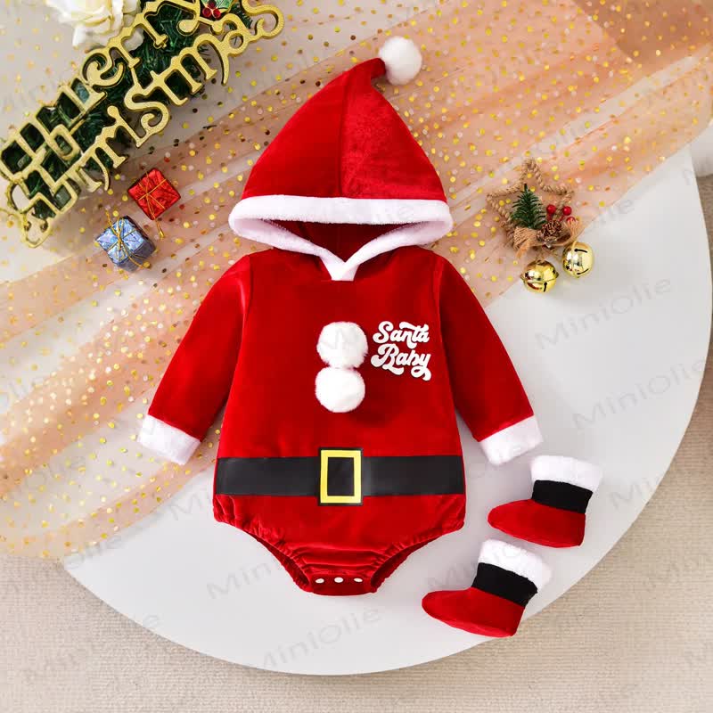 SANTA BABY Baby Hooded Belted Santa Bodysuit with Stockings - image 1