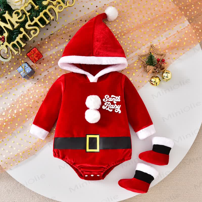 SANTA BABY Baby Hooded Belted Santa Bodysuit with Stockings - image 2