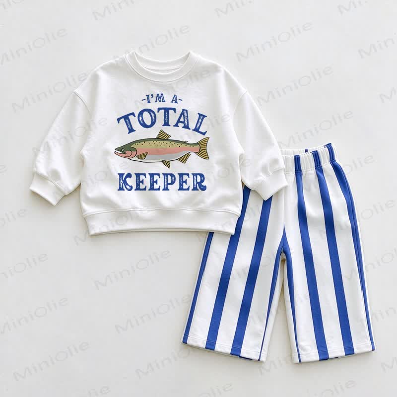 I'M A TOTAL KEEPER Baby Fish Sweatshirt and Blue Pants 2-piece Set - White&Blue - 2-3T - image 1