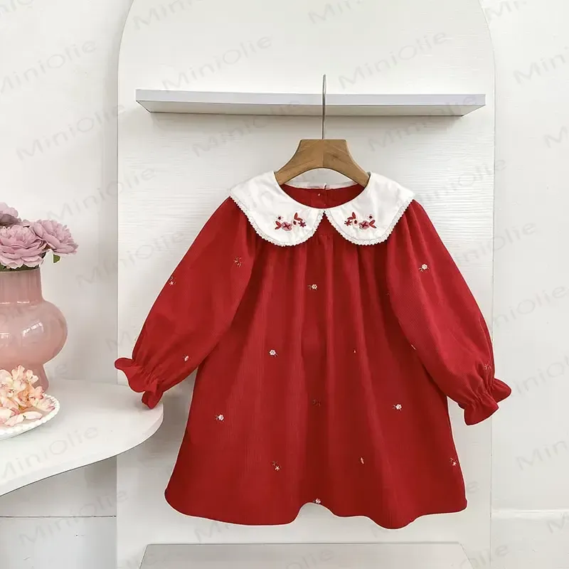 Toddler Girl Christmas Corduroy Floral Collar Red Dress - image 1