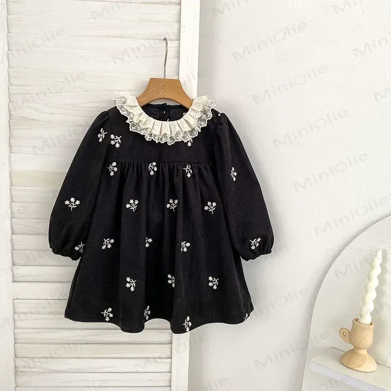 Toddler Girl Black Floral Lace Collar Corduroy Dress - image 1