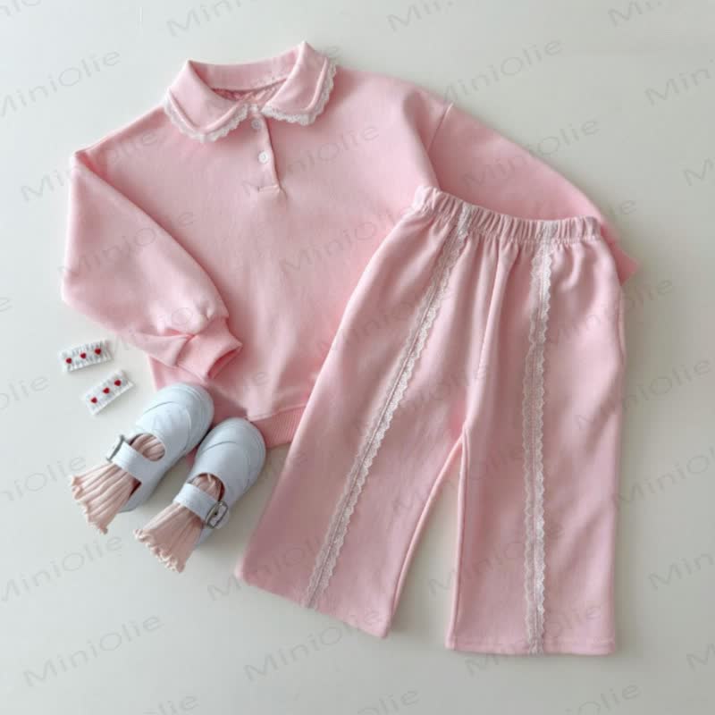 Toddler Girl Lace Collar Long Sleeve 2-piece Set - Pink - 5-6Y - image 1