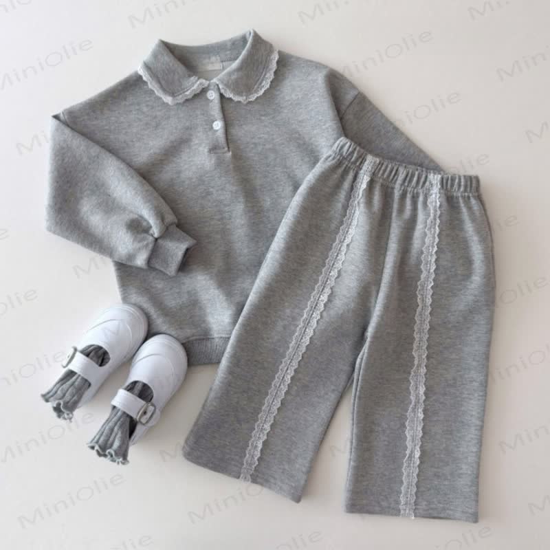 Toddler Girl Lace Collar Long Sleeve 2-piece Set - Gray - 5-6Y - image 2